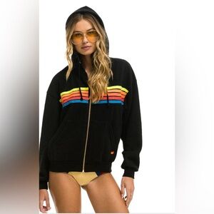 NWT AVIATOR NATION 5 STRIPE RELAXED ZIP HOODIE - BLACK NEON RAINBOW SIZE…